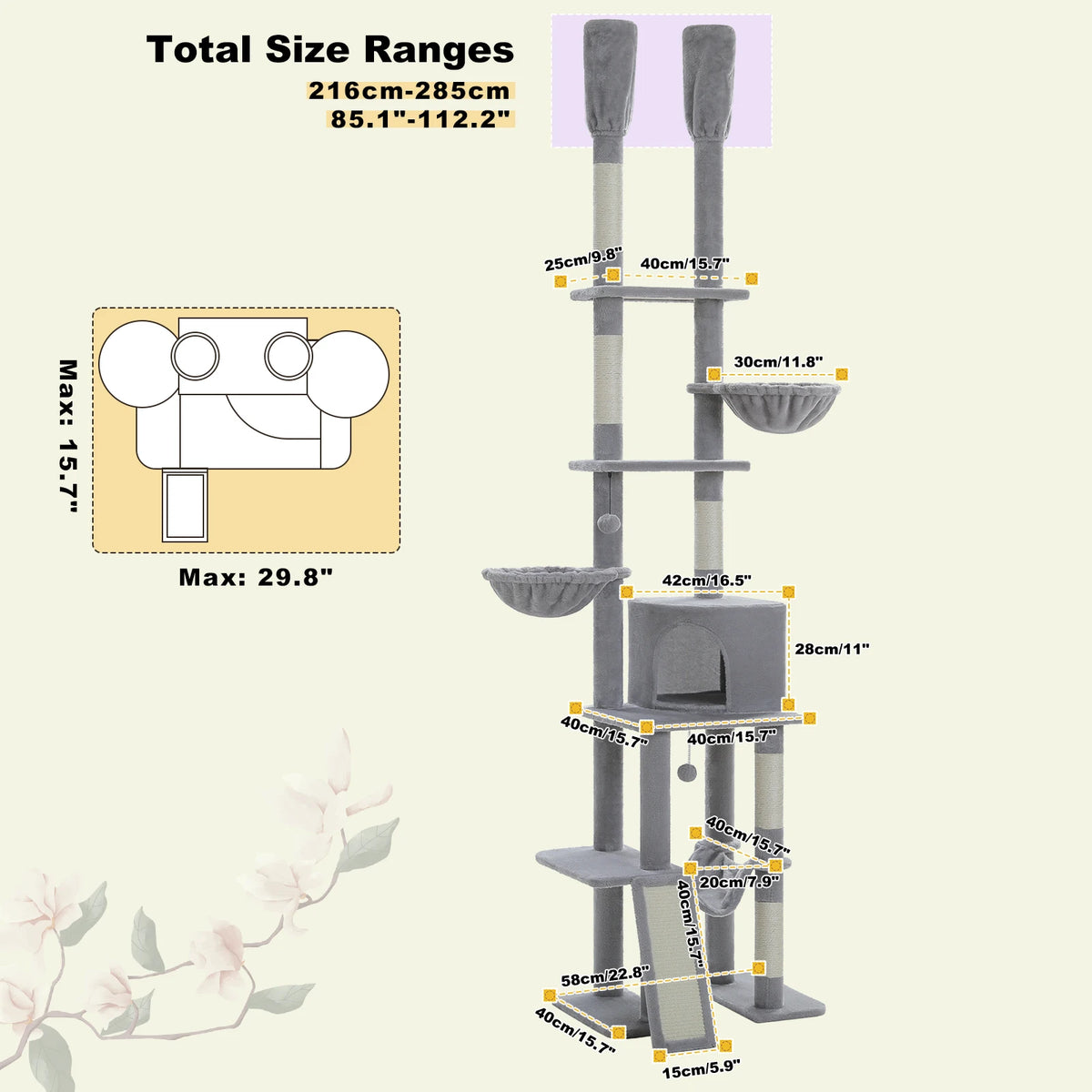 Floor to Ceiling Cat Tree with Sisal Scratching Posts Cozy Condo Hammock Adjustable Height Tall Cat Tower for Indoor Cat Toys