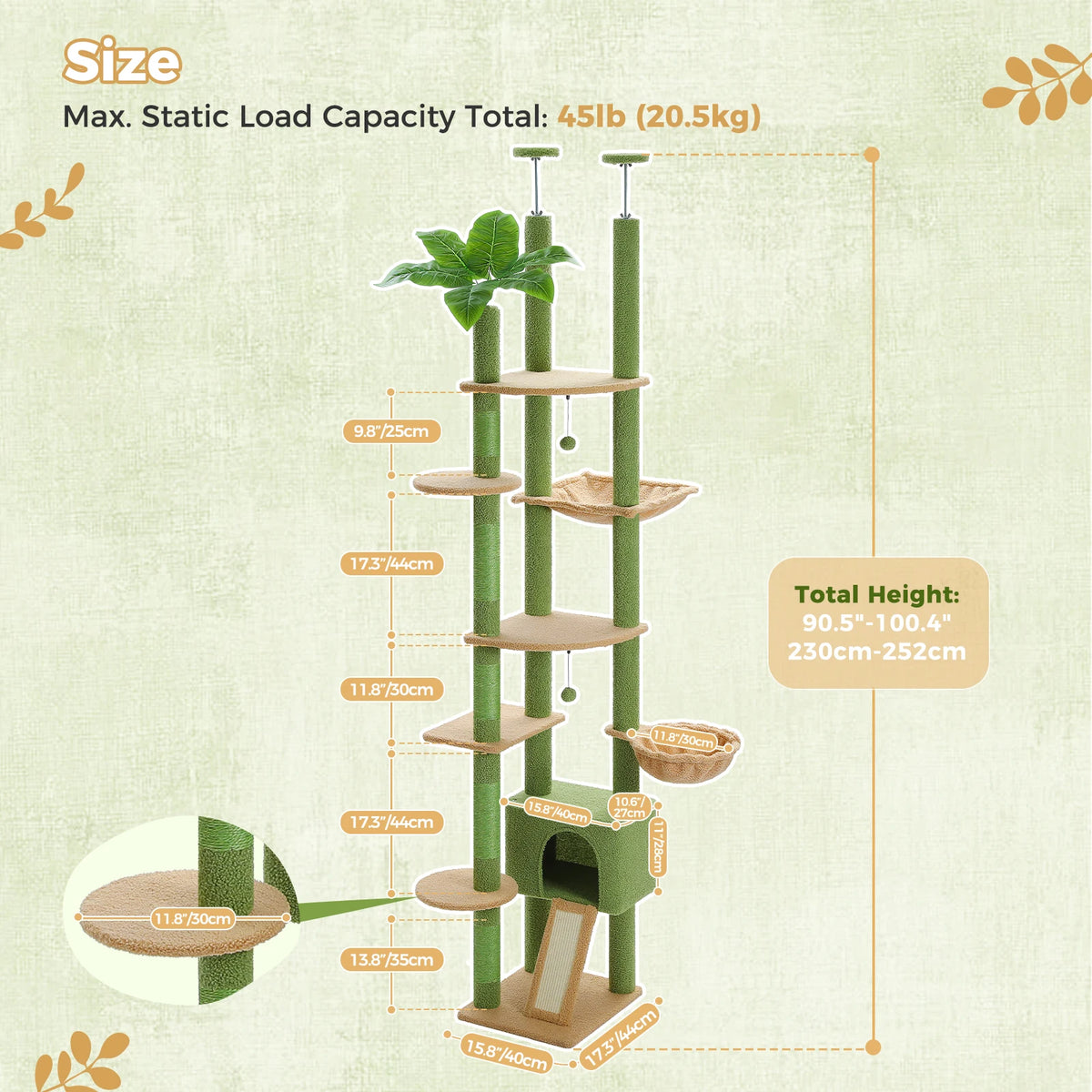 Floor to Ceiling Cat Tree with Sisal Scratching Posts Cozy Condo Hammock Adjustable Height Tall Cat Tower for Indoor Cat Toys
