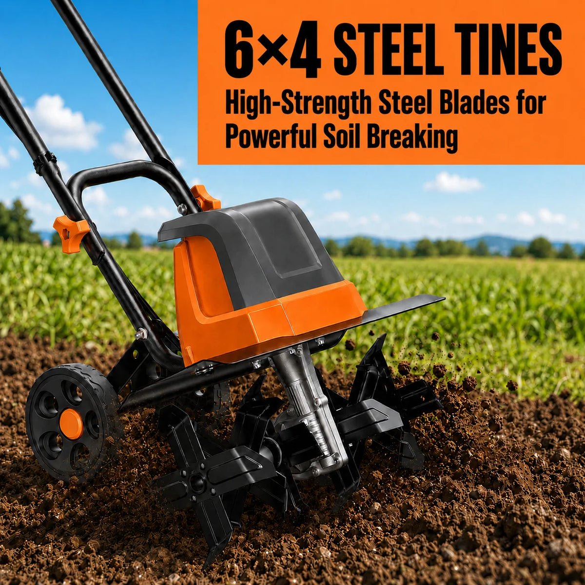 DOVAMAN 18-Inch Electric Garden Tiller 15-Amp Corded Cultivator, 9-Inch Depth, 4-Position Wheels, Foldable Handle