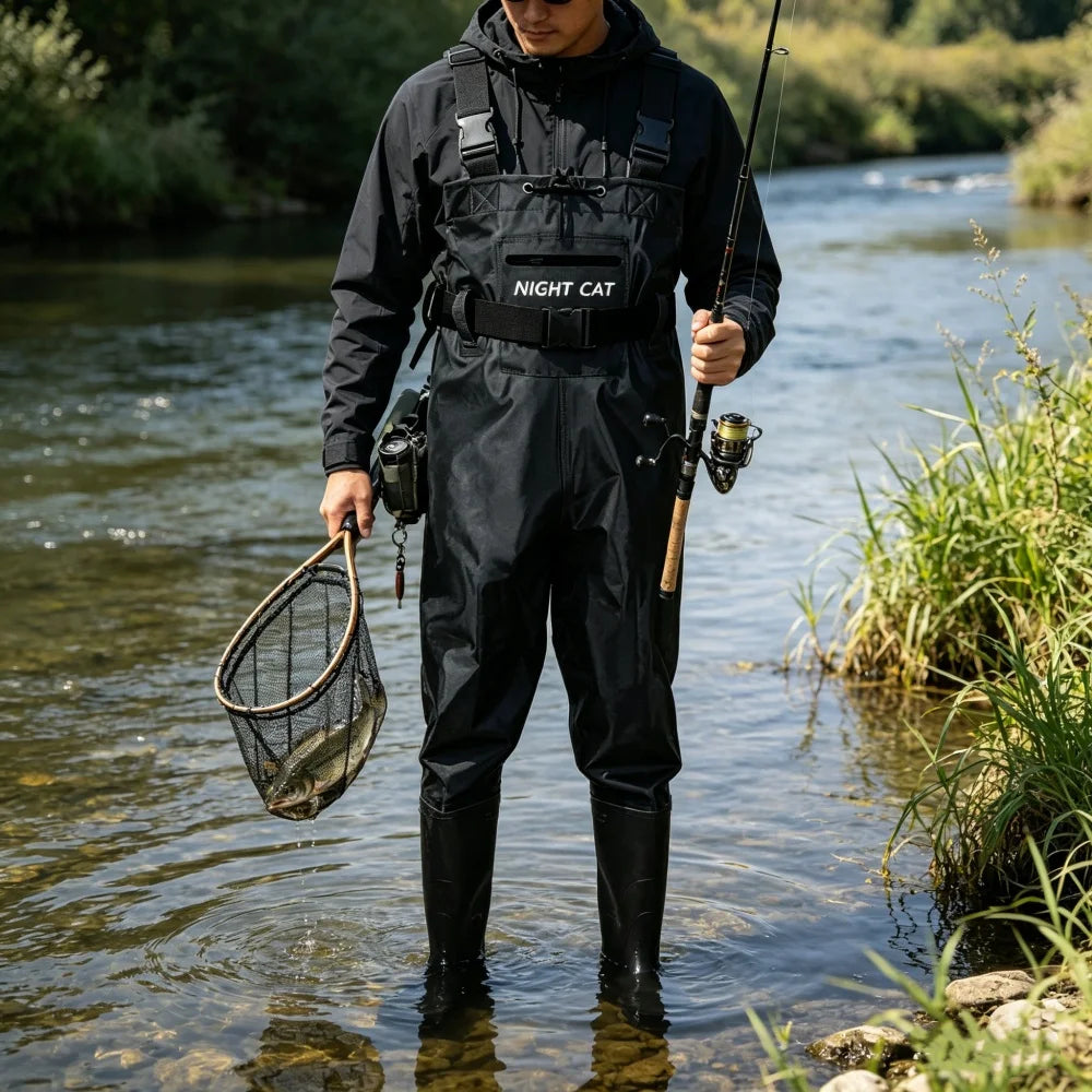 Night Cat Waterproof Fishing Waders: Hunting Chest Waders with Bootfoot and Belt For Man Woman Fishing Washing Farming Working Breathable, Lightweight, Black Sizes 6.5–13
