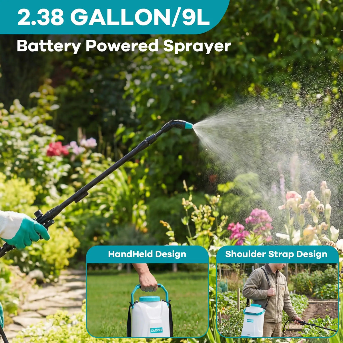 12V Battery Powered Garden Sprayer 1.32/1.85/2.38 Gal, Electric Lawn Weed Sprayer With 0-60 PSI, Wand & Shoulder Strap