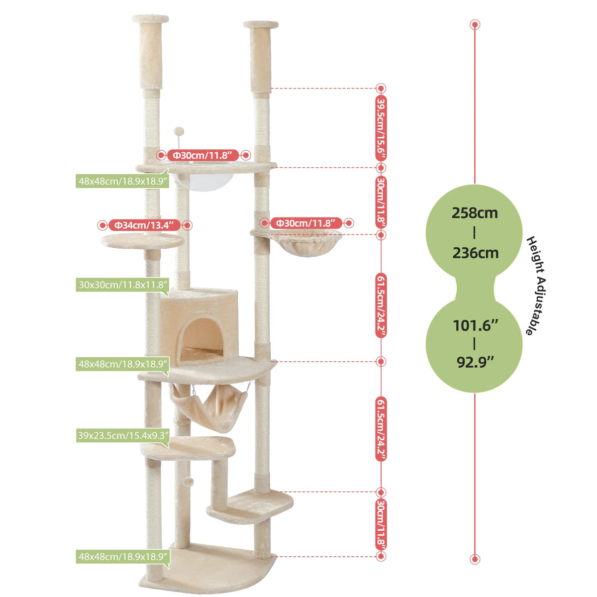 Floor to Ceiling Cat Tree with Sisal Scratching Posts Cozy Condo Hammock Adjustable Height Tall Cat Tower for Indoor Cat Toys