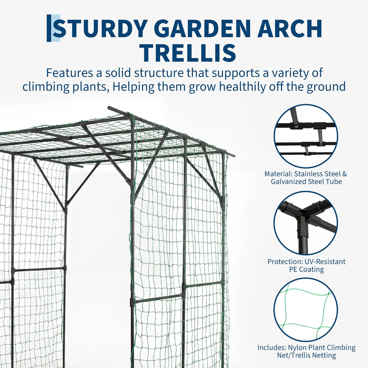 78in Metal Garden Arch Trellis With Netting For Climbing Plants, Outdoor Cucumber Tunnel Arbor For Raised Bed Backyard Walkway