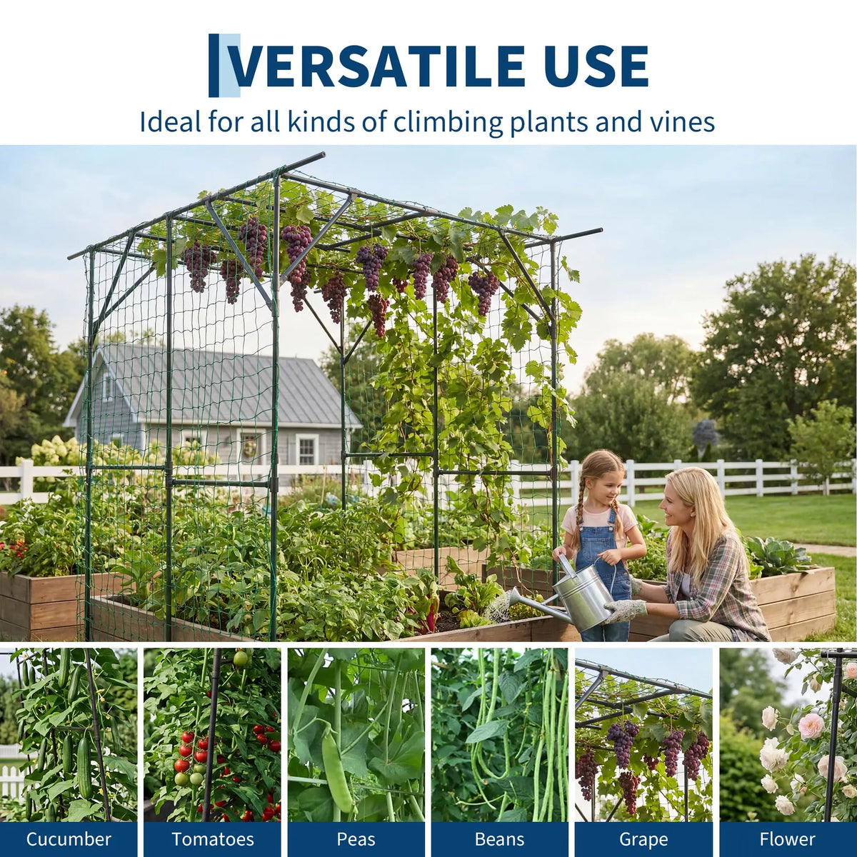 78in Metal Garden Arch Trellis With Netting For Climbing Plants, Outdoor Cucumber Tunnel Arbor For Raised Bed Backyard Walkway