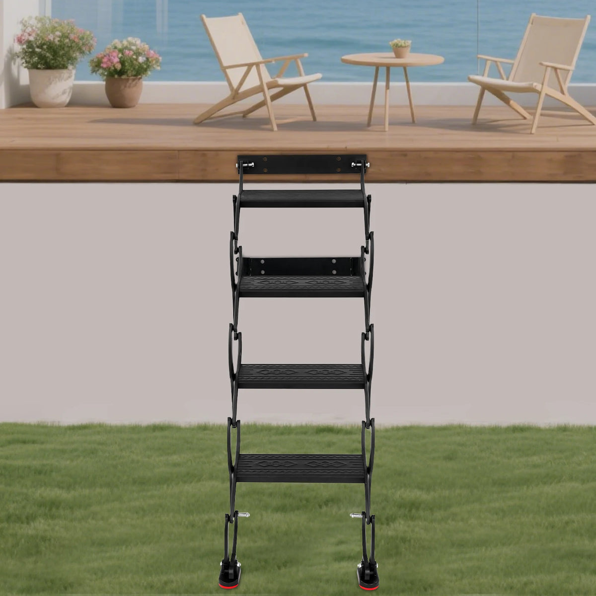 Wall Mounted Attic Ladder, Foldable Wall-Mounted Step Ladder, 4-Step Black Retractable Folding Stair 440lbs Load for Home Loft Garage