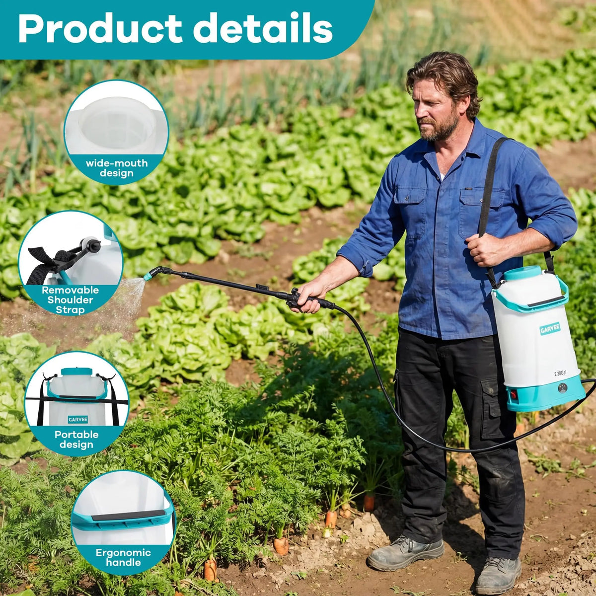 12V Battery Powered Garden Sprayer 1.32/1.85/2.38 Gal, Electric Lawn Weed Sprayer With 0-60 PSI, Wand & Shoulder Strap