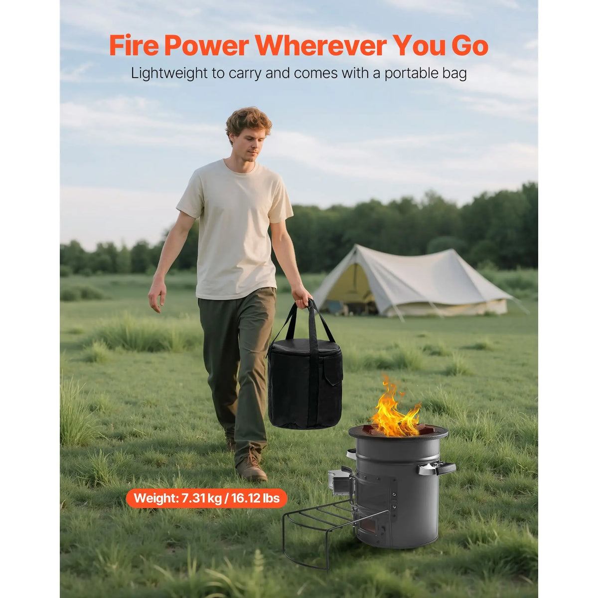 Camping Rocket Stove, Wood Burning Portable Rocket Stove with Carrying Bag for Backpacking, SPCC Steel, Double Door, Burn Twigs, Sticks or Charcoals for Outdoor Cooking, Backyard, Camp Cooking