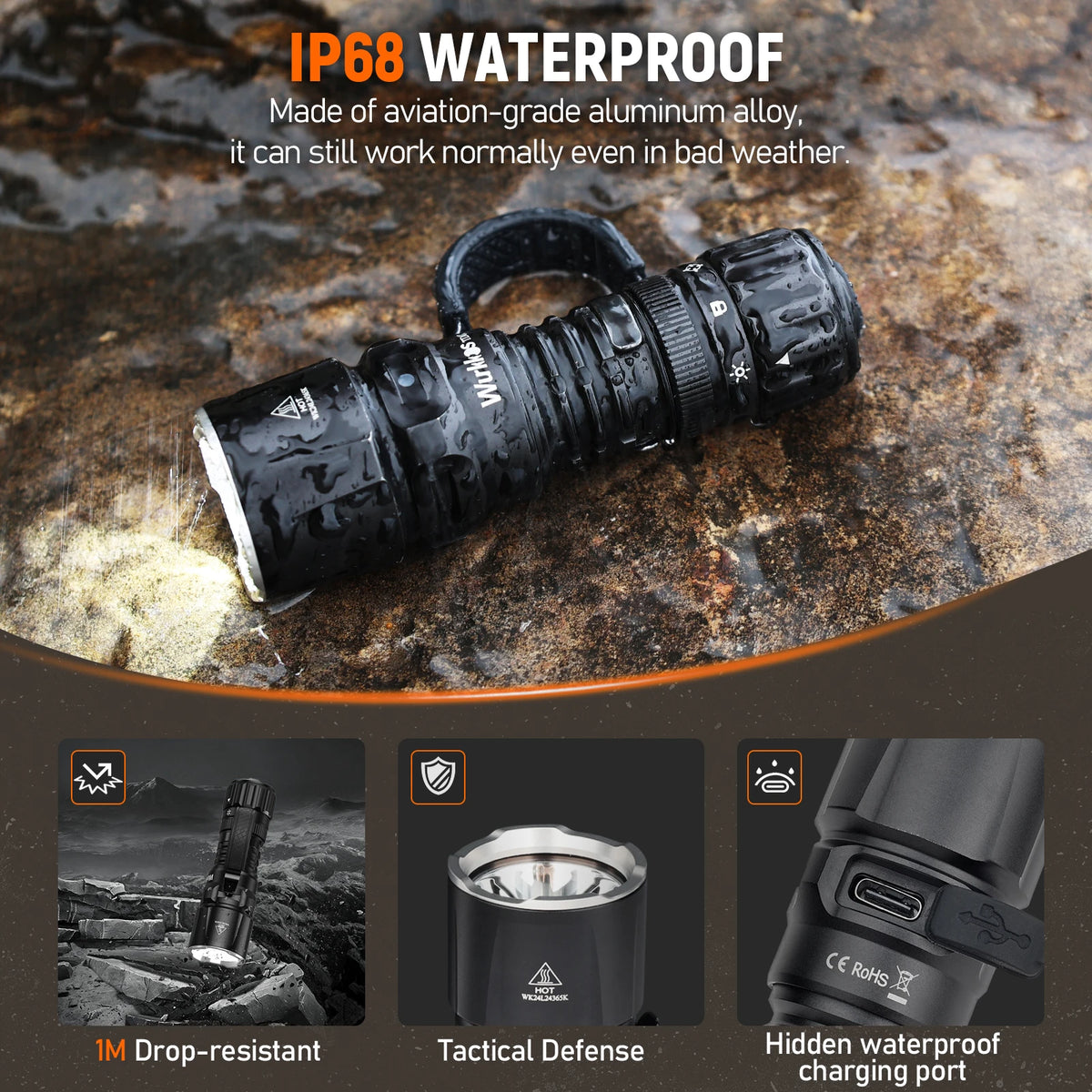 Wurkkos TD07 1300LM Tactical Flashlight 479M Long Throw IP68 Waterproof 18350 Battery Torch Dual Switches and Ring Handle Grip