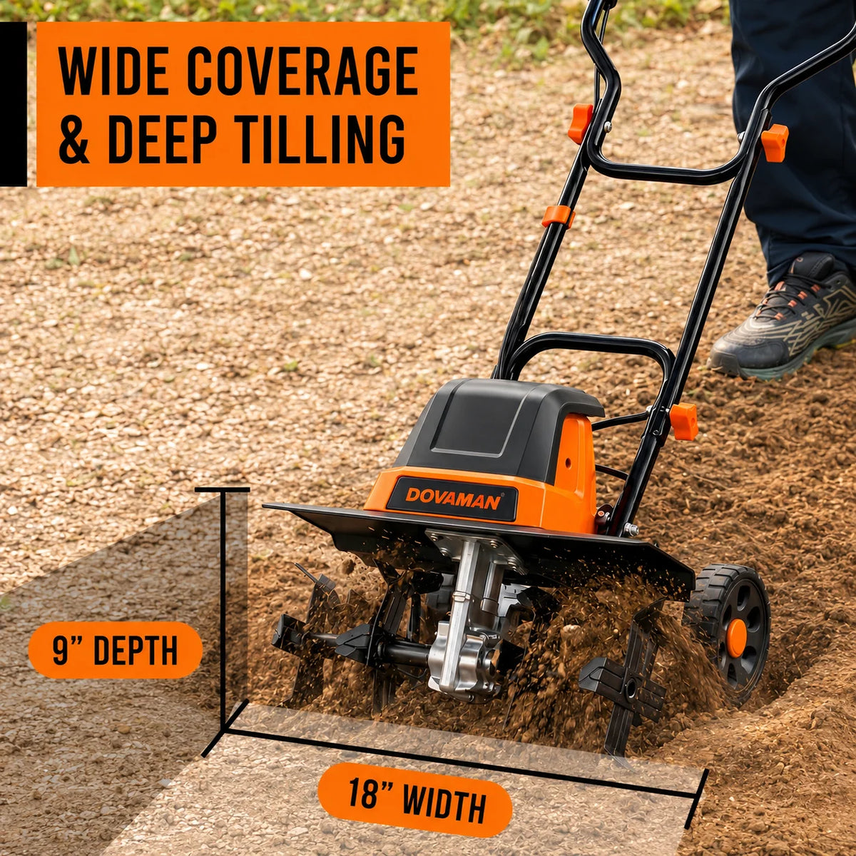 DOVAMAN 18-Inch Electric Garden Tiller 15-Amp Corded Cultivator, 9-Inch Depth, 4-Position Wheels, Foldable Handle