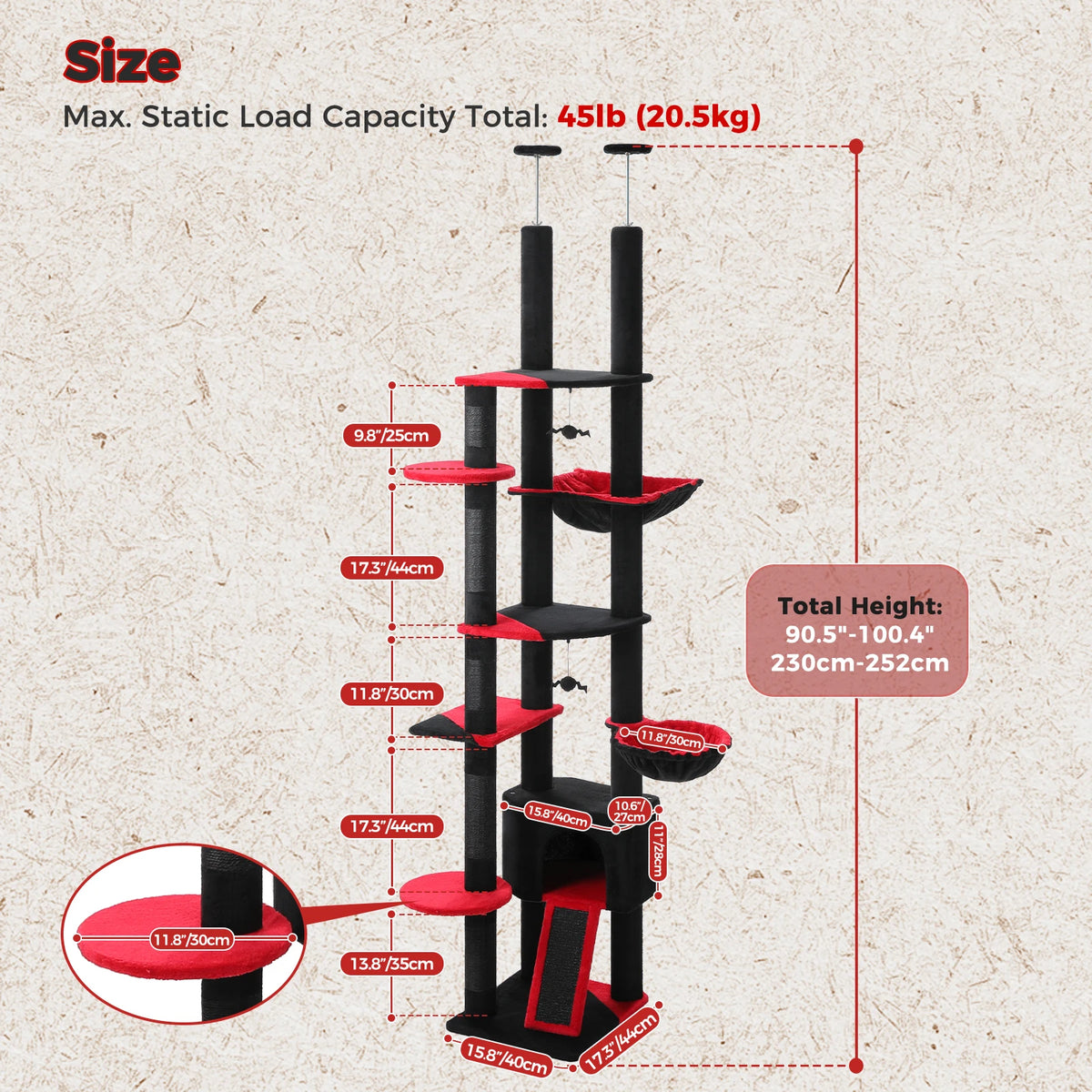 Floor to Ceiling Cat Tree with Sisal Scratching Posts Cozy Condo Hammock Adjustable Height Tall Cat Tower for Indoor Cat Toys