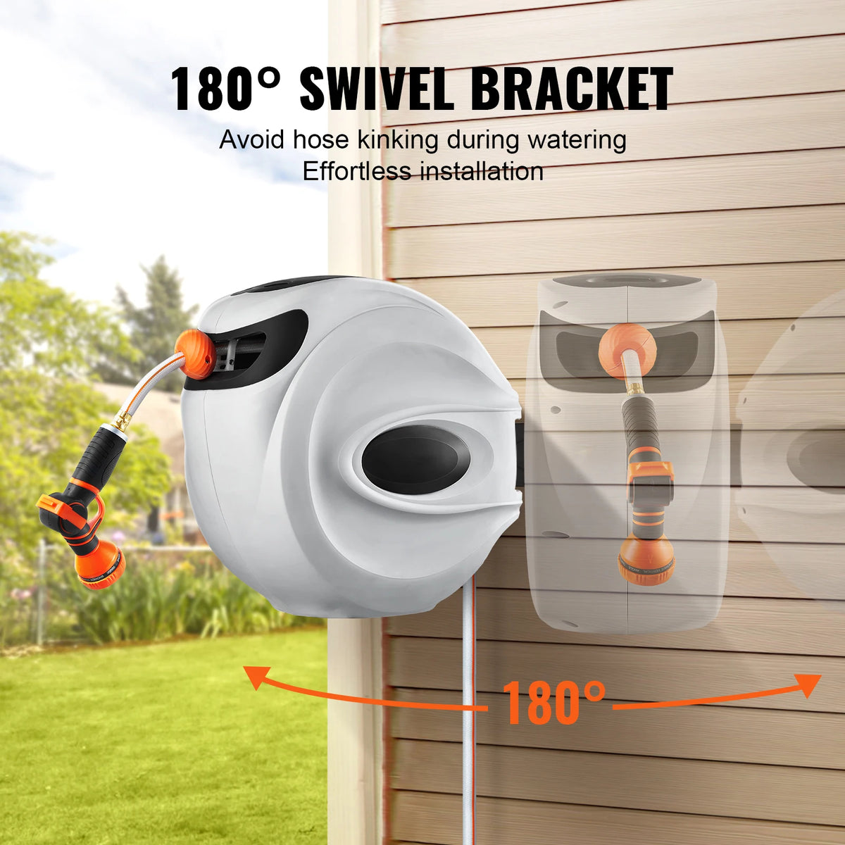 SucceBuy Retractable Hose Reel 180° Swivel Bracket Wall-Mounted Garden Water Hose Reel with 9-Pattern Nozzle Automatic Rewind