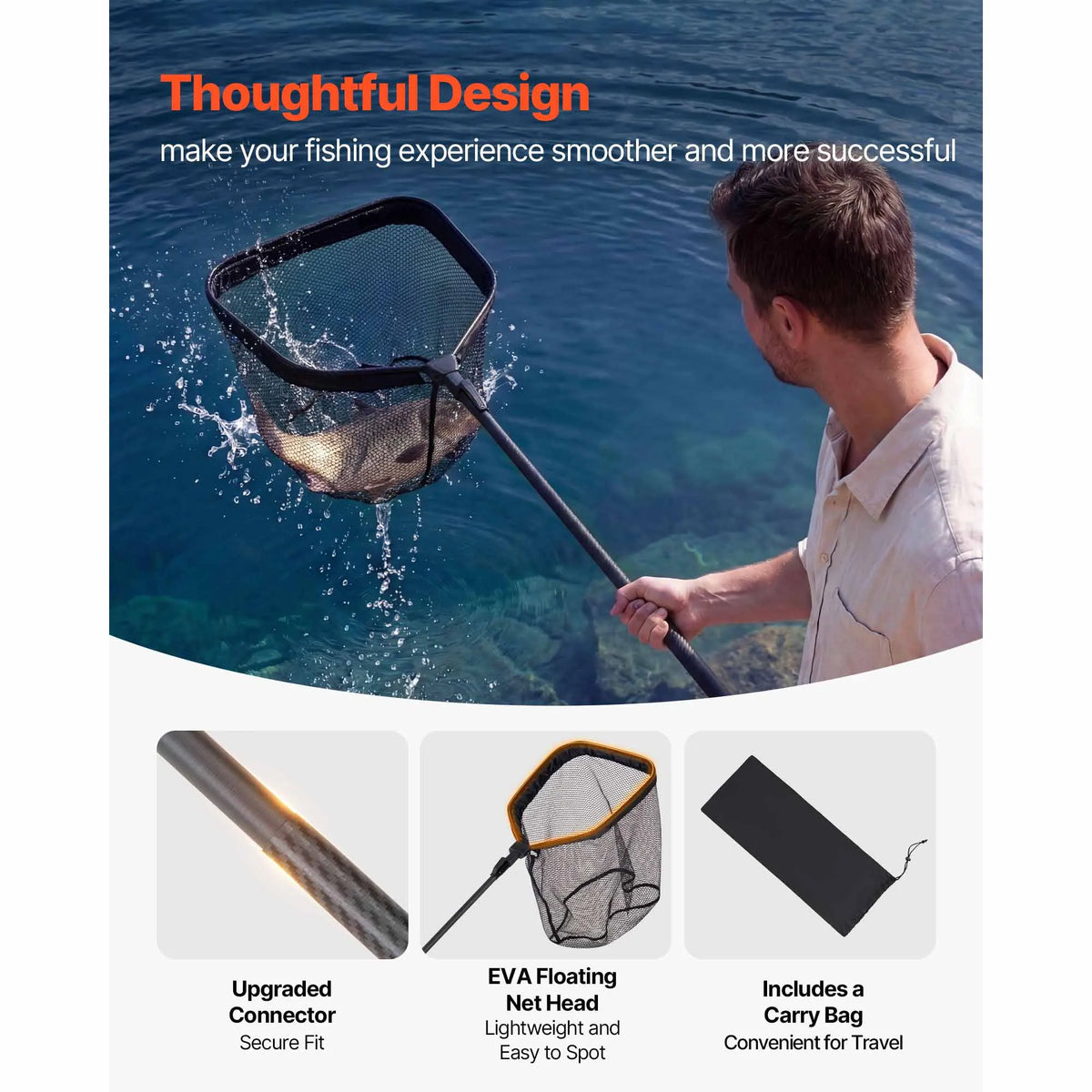 SucceBuy Fishing Net Foldable Landing Nets with Telescopic Handle Lightweight Carbon Fiber/6063 Aluminum Fish Gear for Boat Pond