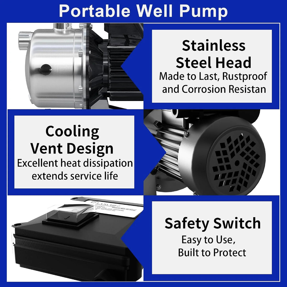 LANCHEZ Shallow Well Pump 1/2-1.6 HP 960-2100 GPH, Stainless Steel 115V Water Transfer Garden Irrigation Booster Jet Pump for Home Garden Lawn Farm