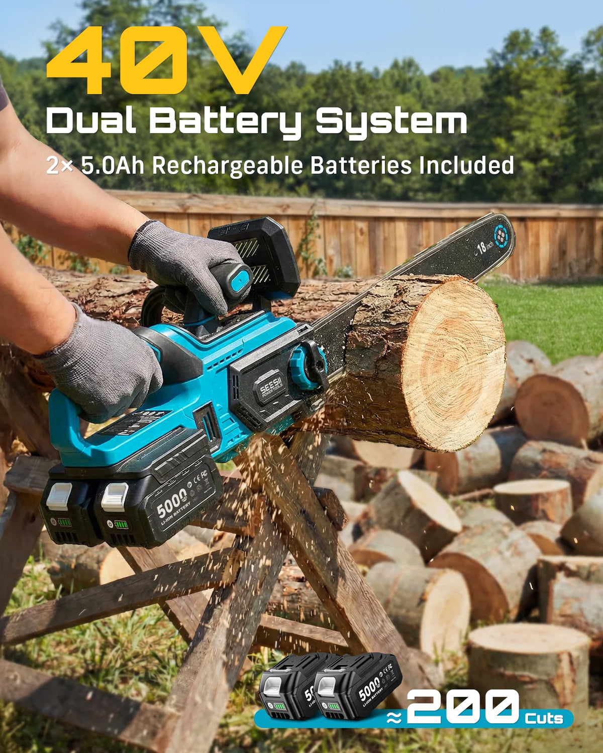 SEESII 40V 18Inch Brushless Chainsaw With Automatic Oiler 2200W Cordless Electric Saw Garden Woodworking Cutting Tool For Makita 18v Battery Pin