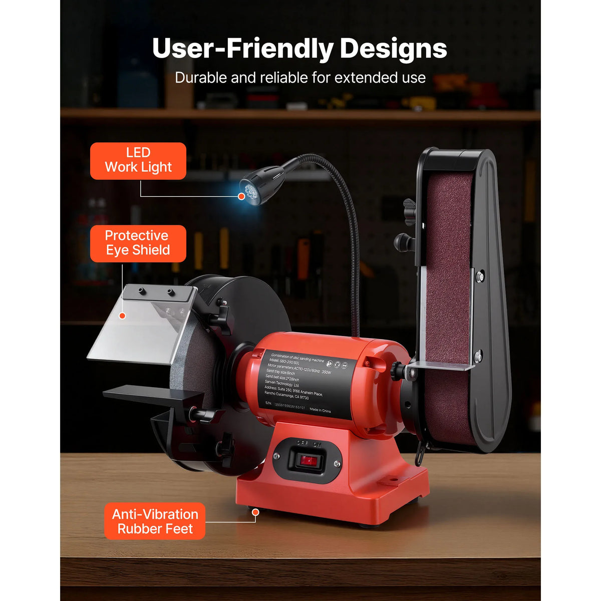 SucceBuy 8" Bench Grinder & 2" x 28" Belt Sander Combo 350W Professional Sanding Machine with LED Work Light for Metalworking
