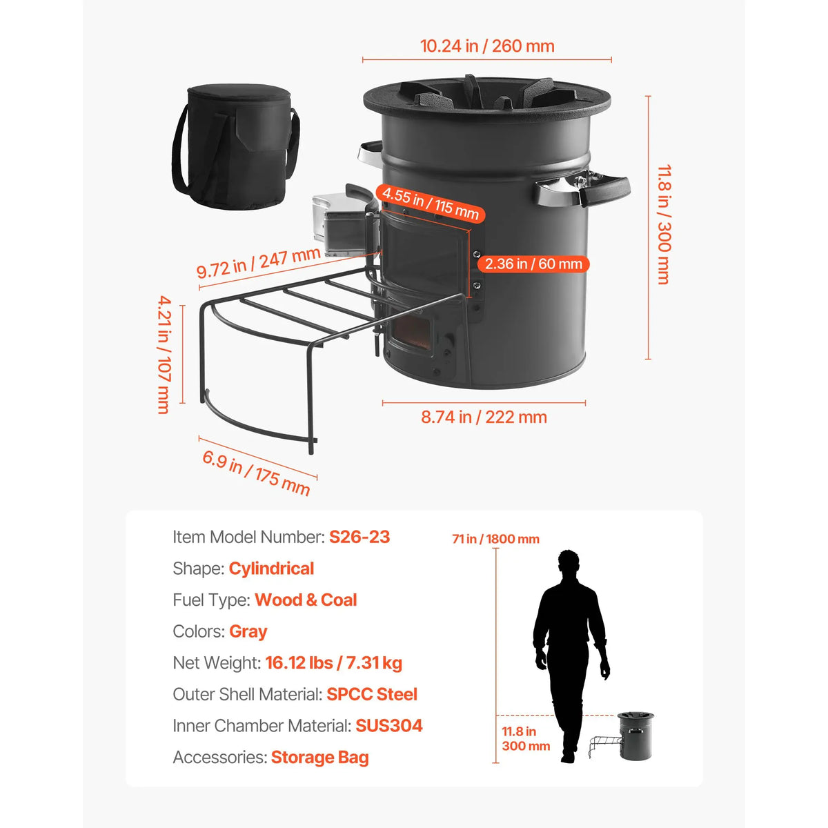 Camping Rocket Stove, Wood Burning Portable Rocket Stove with Carrying Bag for Backpacking, SPCC Steel, Double Door, Burn Twigs, Sticks or Charcoals for Outdoor Cooking, Backyard, Camp Cooking