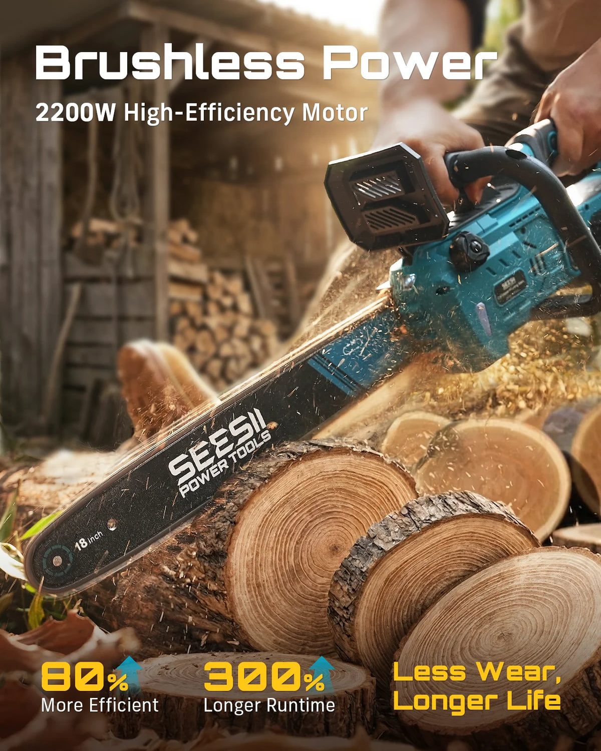 SEESII 40V 18Inch Brushless Chainsaw With Automatic Oiler 2200W Cordless Electric Saw Garden Woodworking Cutting Tool For Makita 18v Battery Pin