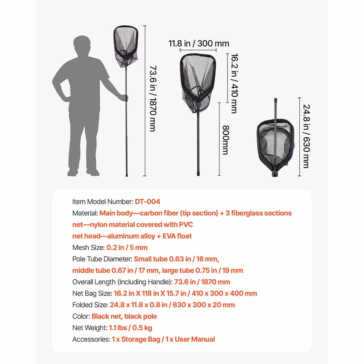 SucceBuy Fishing Net Foldable Landing Nets with Telescopic Handle Lightweight Carbon Fiber/6063 Aluminum Fish Gear for Boat Pond