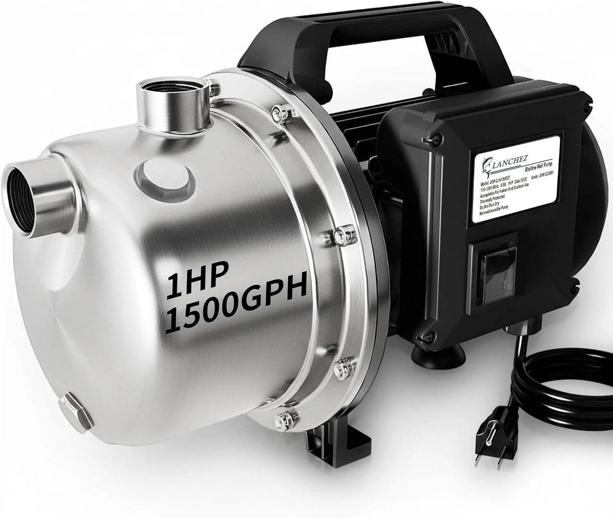 LANCHEZ Shallow Well Pump 1/2-1.6 HP 960-2100 GPH, Stainless Steel 115V Water Transfer Garden Irrigation Booster Jet Pump for Home Garden Lawn Farm
