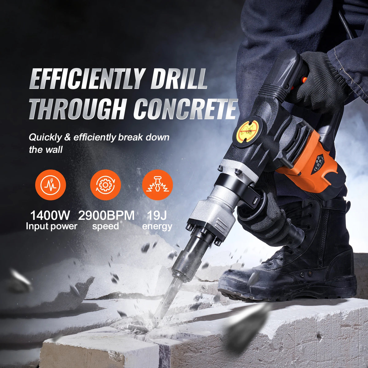 SucceBuy 1400W Demolition Jack Hammer Electric Jackhammer Heavy Duty 2900 BPM Concrete Breaker 2pcs Chisels Bits Chipping