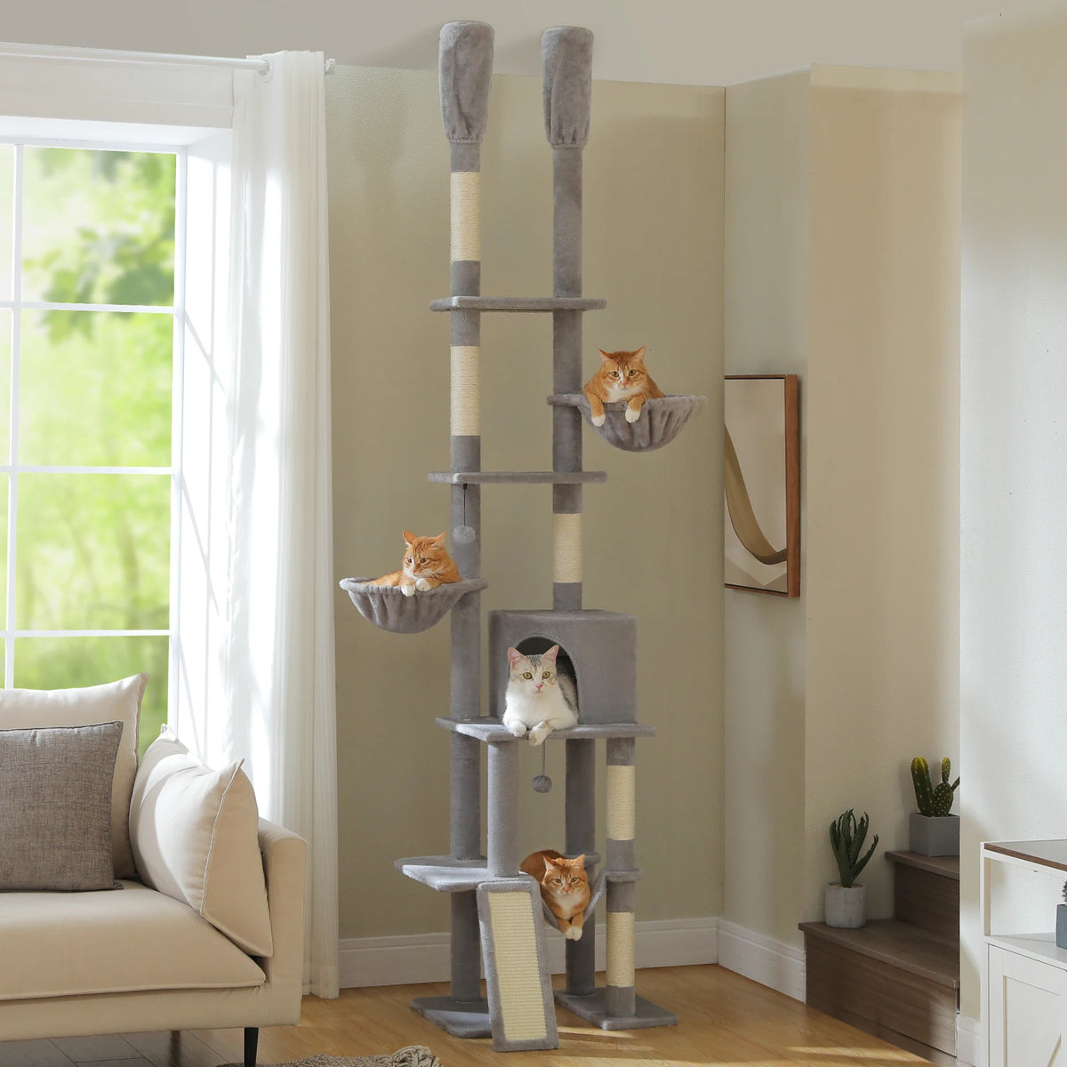 Floor to Ceiling Cat Tree with Sisal Scratching Posts Cozy Condo Hammock Adjustable Height Tall Cat Tower for Indoor Cat Toys