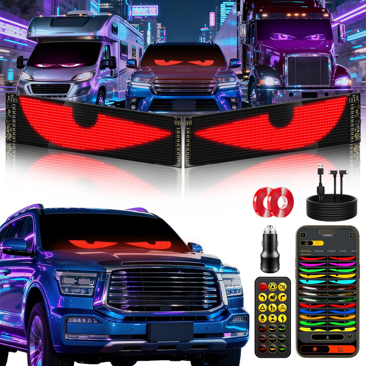 Howdot Devil's Eye High-Brightness LED Windshield Display, Programmable LED Matrix Panel, Ojos Led Para Carro, USB-Powered with Remote & App Control for Sedans, SUVs & Medium Trucks