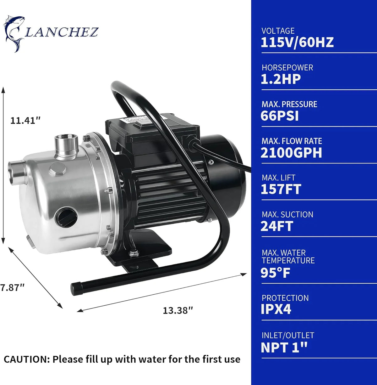 LANCHEZ Shallow Well Pump 1/2-1.6 HP 960-2100 GPH, Stainless Steel 115V Water Transfer Garden Irrigation Booster Jet Pump for Home Garden Lawn Farm