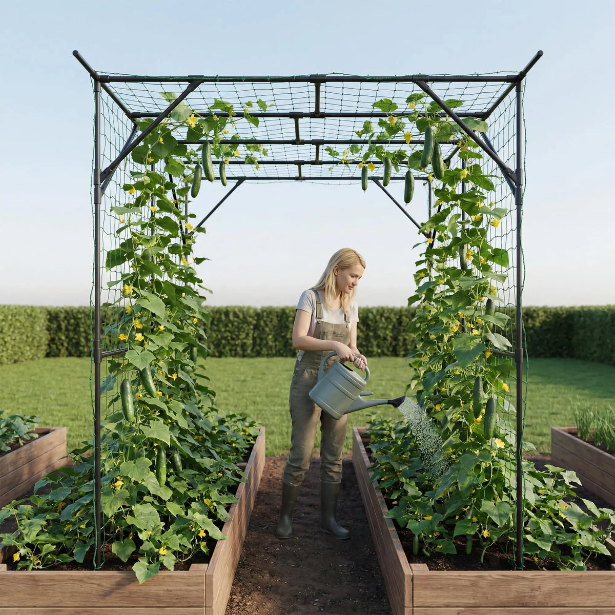78in Metal Garden Arch Trellis With Netting For Climbing Plants, Outdoor Cucumber Tunnel Arbor For Raised Bed Backyard Walkway