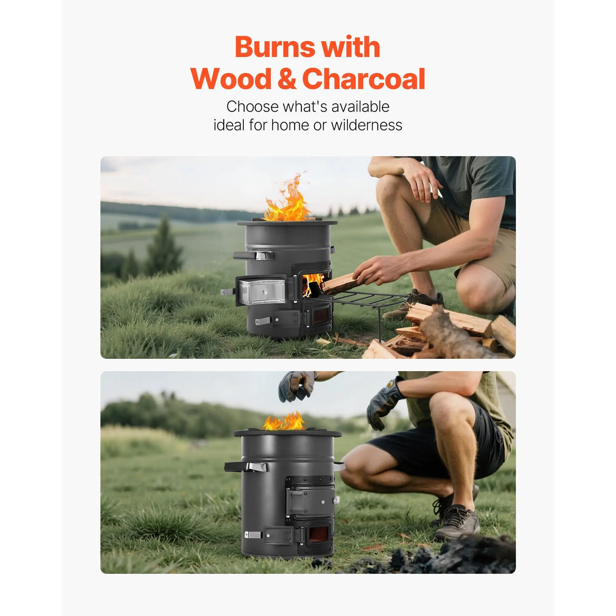 Camping Rocket Stove, Wood Burning Portable Rocket Stove with Carrying Bag for Backpacking, SPCC Steel, Double Door, Burn Twigs, Sticks or Charcoals for Outdoor Cooking, Backyard, Camp Cooking
