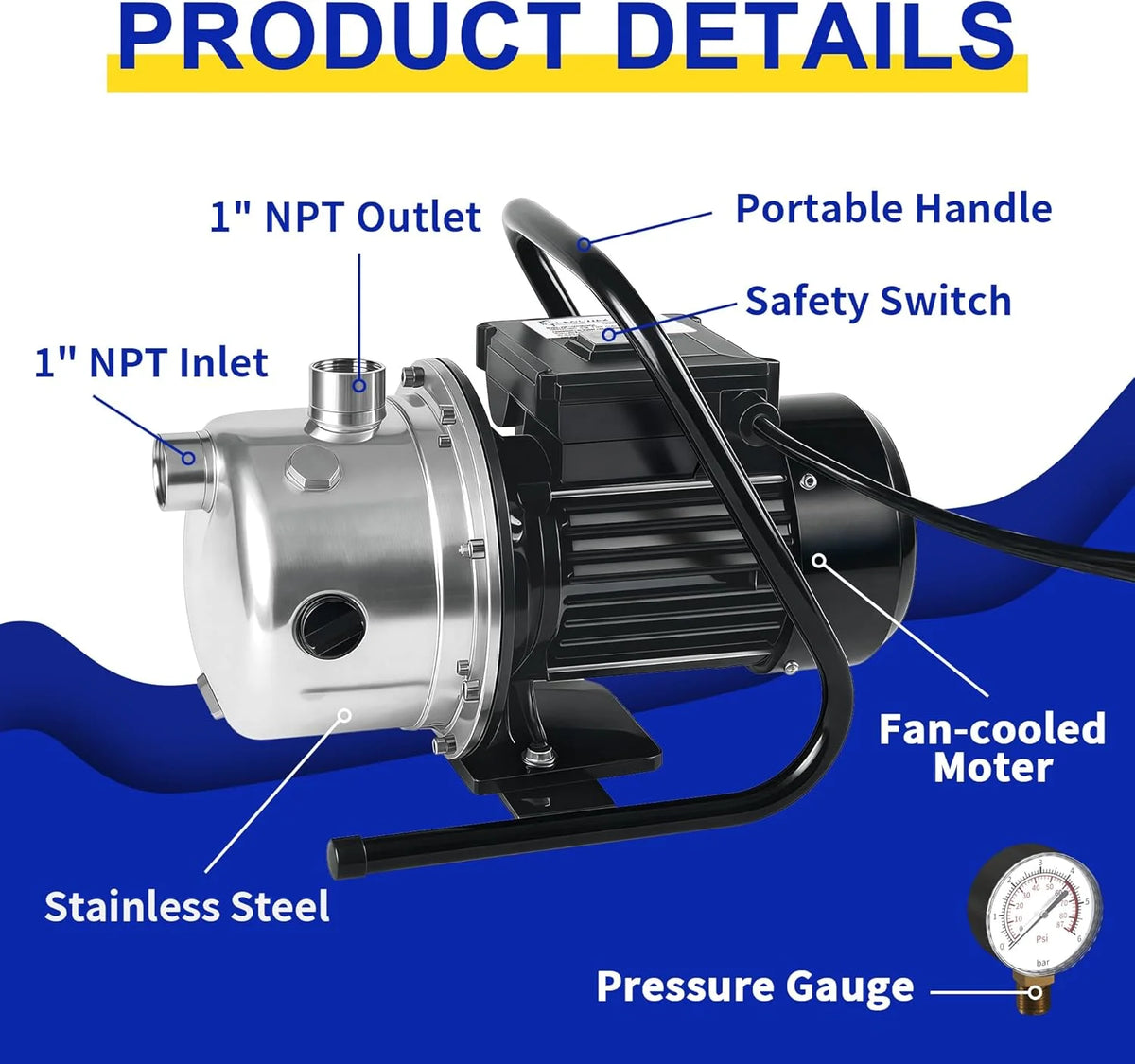 LANCHEZ Shallow Well Pump 1/2-1.6 HP 960-2100 GPH, Stainless Steel 115V Water Transfer Garden Irrigation Booster Jet Pump for Home Garden Lawn Farm