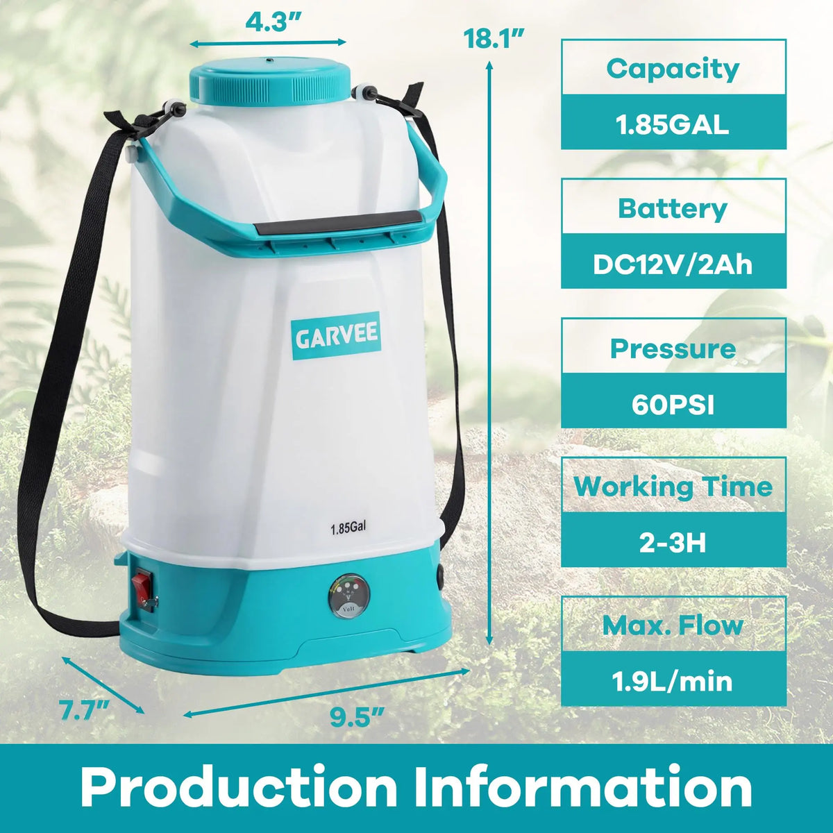 12V Battery Powered Garden Sprayer 1.32/1.85/2.38 Gal, Electric Lawn Weed Sprayer With 0-60 PSI, Wand & Shoulder Strap