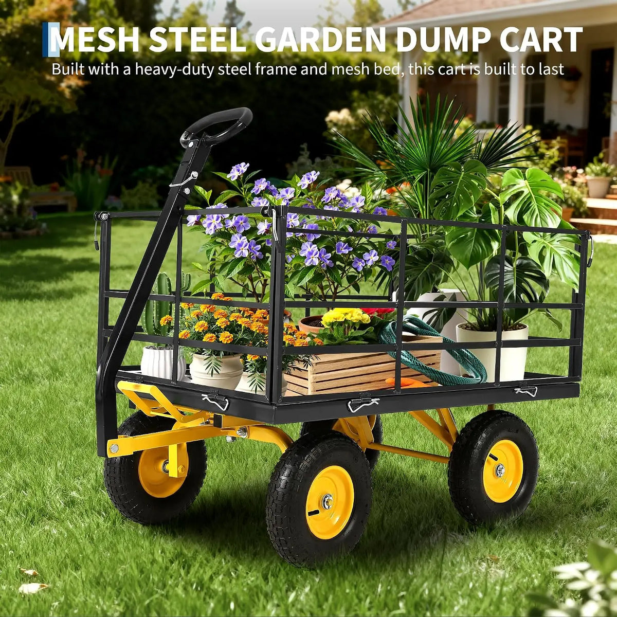 1500-lb Capacity Steel Mesh Garden Cart – Folding Utility Wagon with Removable Sides, Heavy-Duty Wheels for Soil, Tools, and Plants