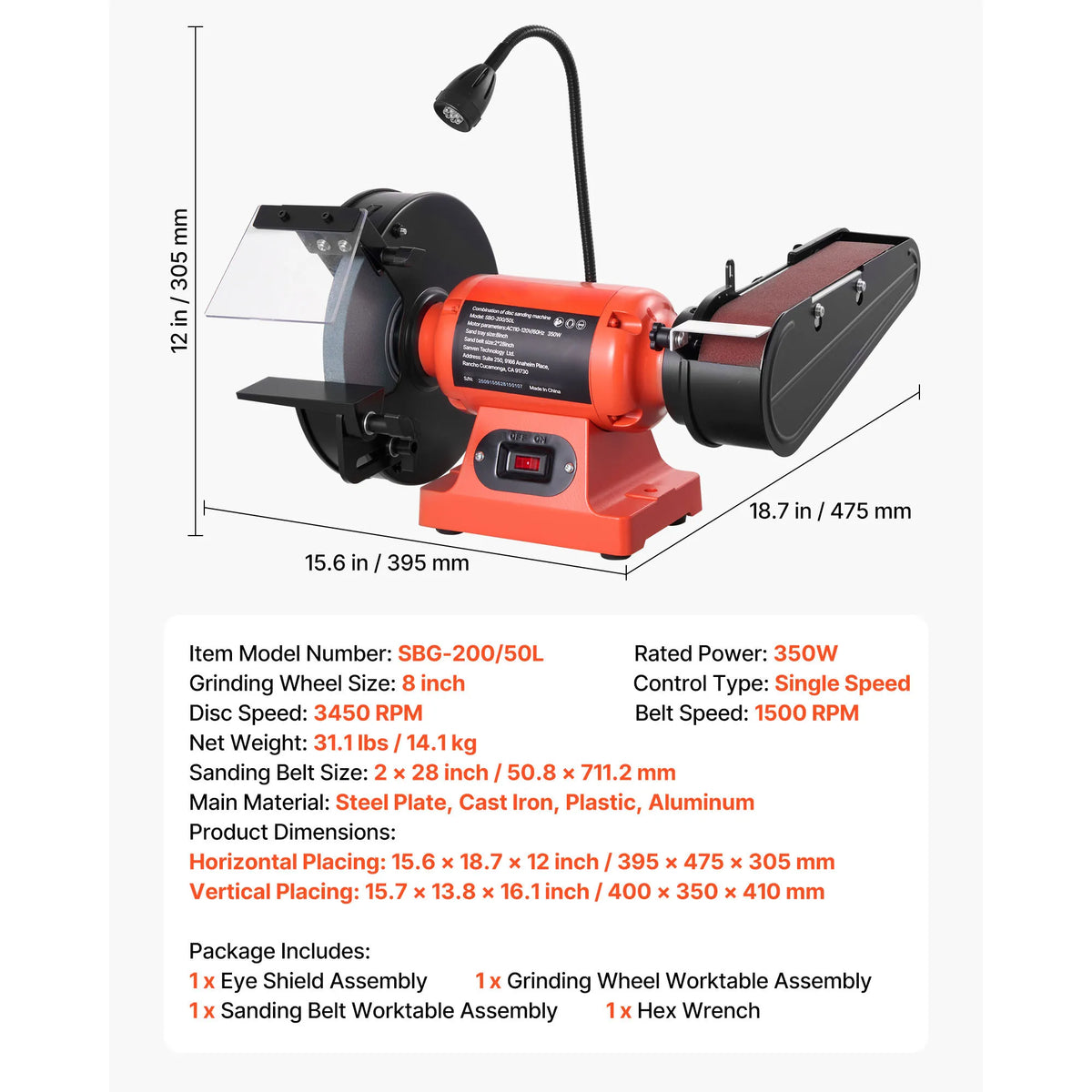 SucceBuy 8" Bench Grinder & 2" x 28" Belt Sander Combo 350W Professional Sanding Machine with LED Work Light for Metalworking