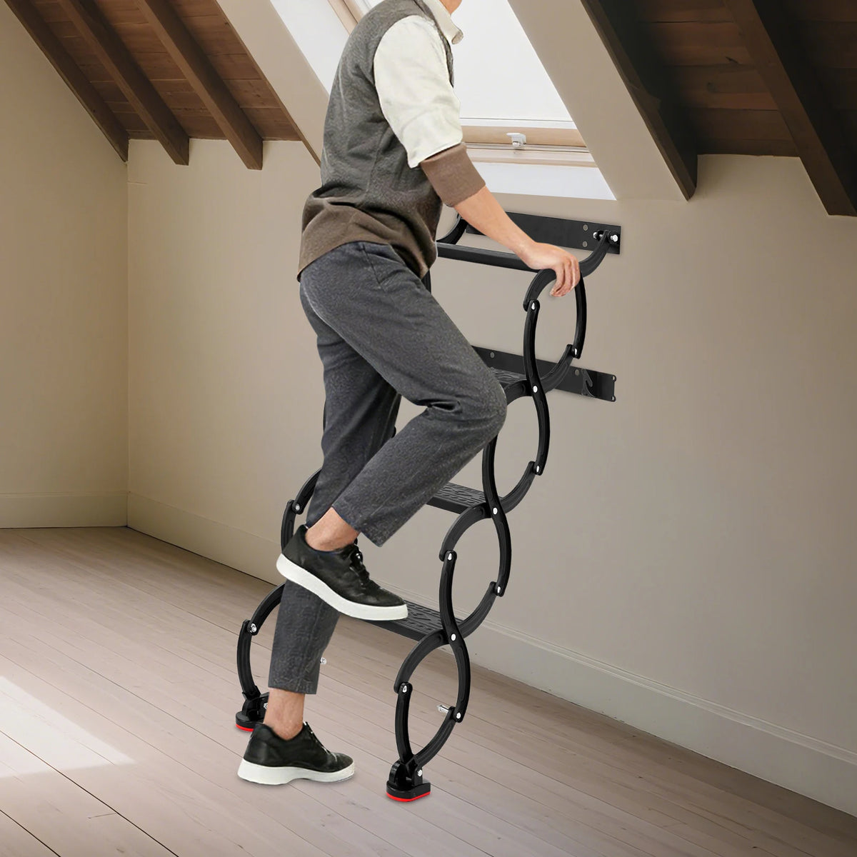 Wall Mounted Attic Ladder, Foldable Wall-Mounted Step Ladder, 4-Step Black Retractable Folding Stair 440lbs Load for Home Loft Garage