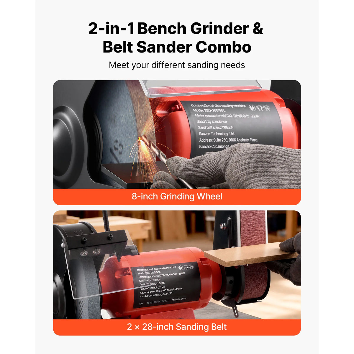 SucceBuy 8" Bench Grinder & 2" x 28" Belt Sander Combo 350W Professional Sanding Machine with LED Work Light for Metalworking