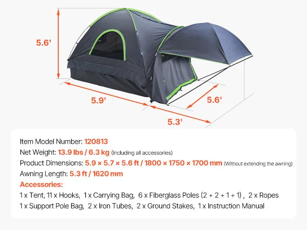 SucceBuy Pickup Truck Tent for Camping Waterproof PU2000 2-3 Person Truck Bed Tent Truck Bed Camper Shell with Expandable Awning