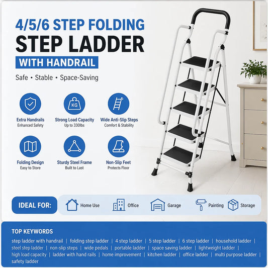 4 5 6 Step Folding Ladder with Handrails Wide Anti Slip Steps Heavy Duty Steel Step Stool Portable Space Saving Ladder for Home Kitchen Pantry Closet Garage Office Indoor Household Use Stable Safety Support Lightweight Foldab