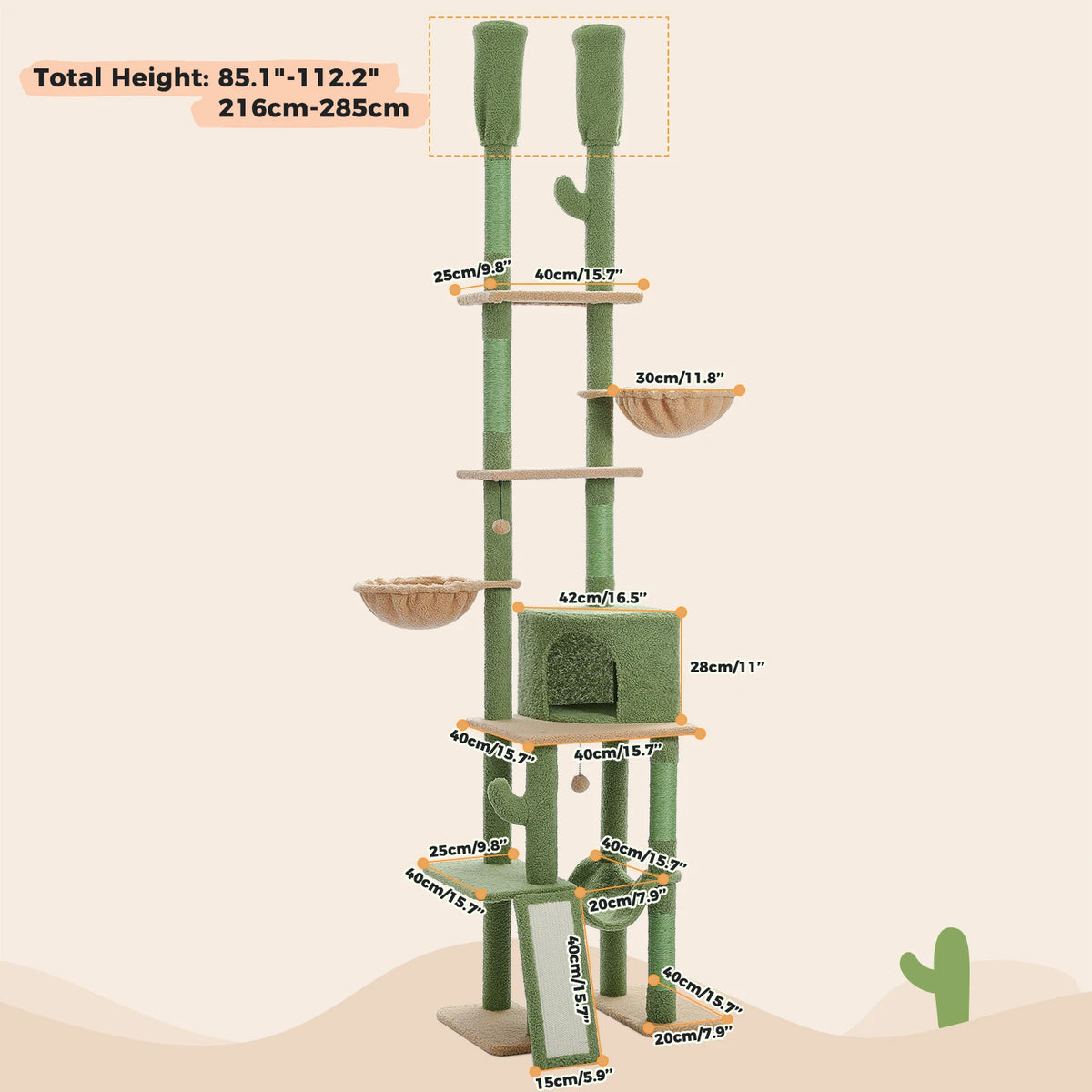 Floor to Ceiling Cat Tree with Sisal Scratching Posts Cozy Condo Hammock Adjustable Height Tall Cat Tower for Indoor Cat Toys
