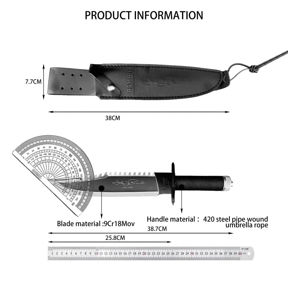 RAMBO Fixed Blade Knife 9Cr18Mov Blade Outdoor Hunting Survival Defense Tactical Combat Cutting Durable Camping Knife Men's Gift