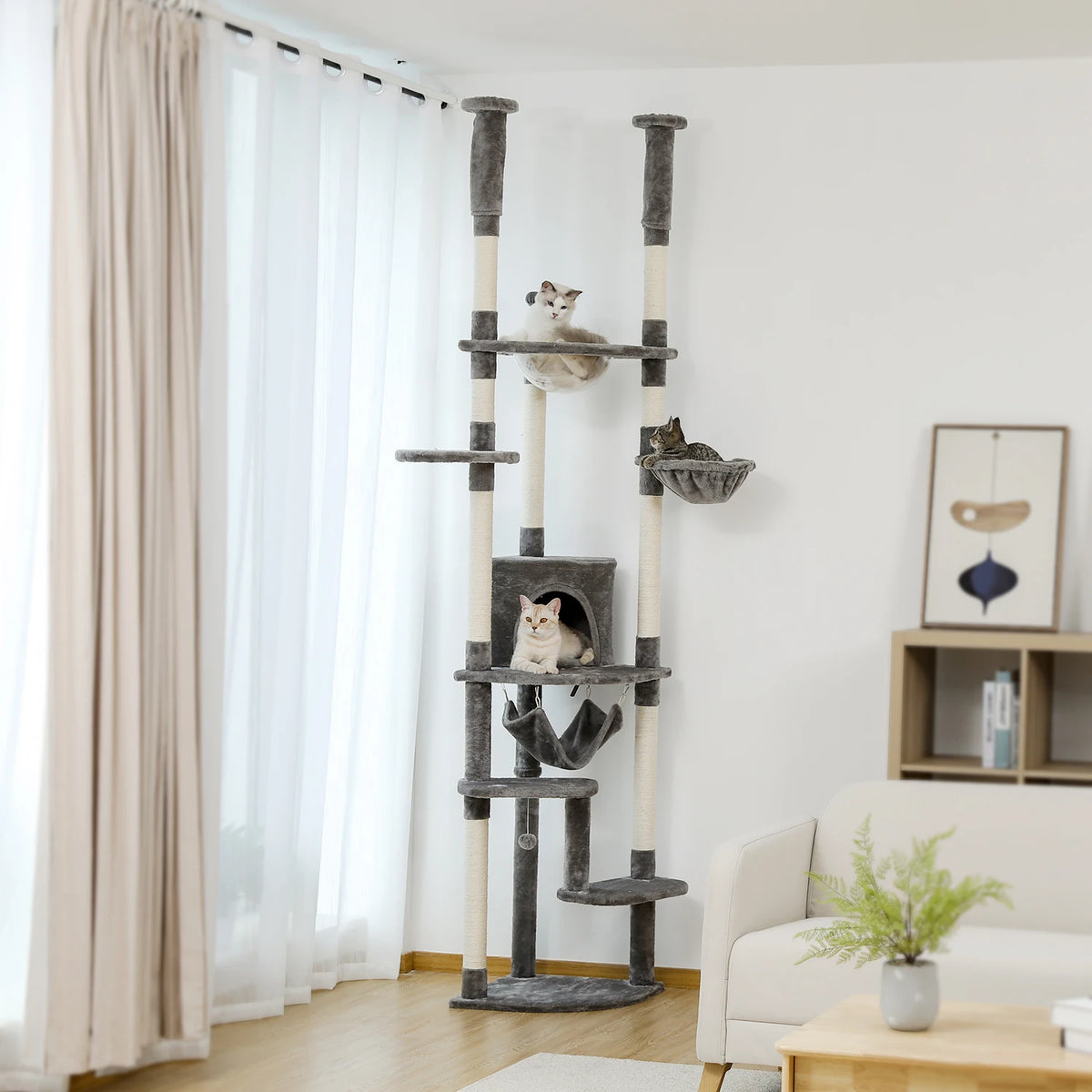 Floor to Ceiling Cat Tree with Sisal Scratching Posts Cozy Condo Hammock Adjustable Height Tall Cat Tower for Indoor Cat Toys