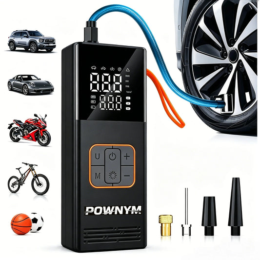 POWNYM Cordless Portable Tire Air Pump, 150PSI Wireless Inflator with Pressure Gauge & LED Light, Multi Adapters, Jump Starter for Auto Bike & Inflatable Balls
