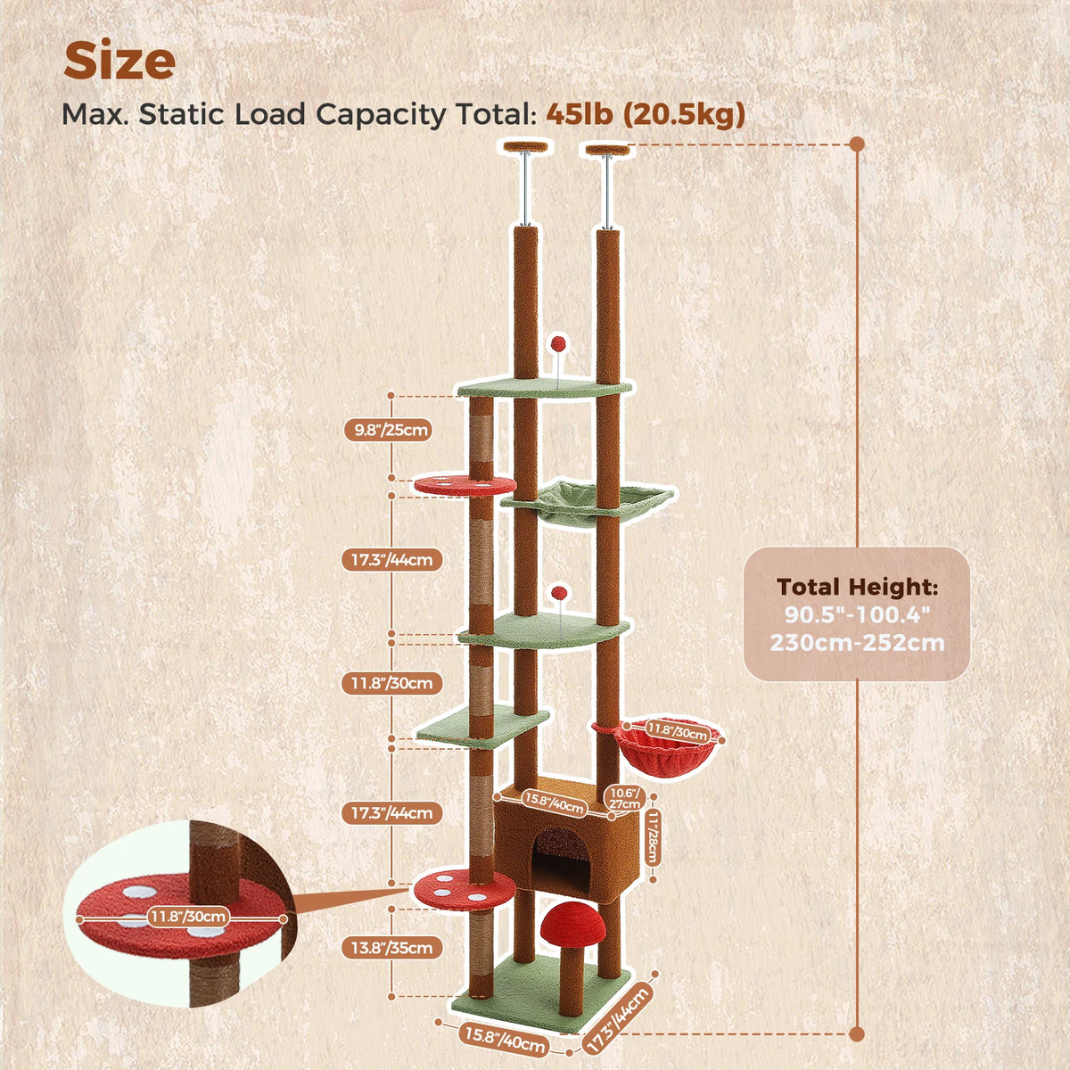 Floor to Ceiling Cat Tree with Sisal Scratching Posts Cozy Condo Hammock Adjustable Height Tall Cat Tower for Indoor Cat Toys