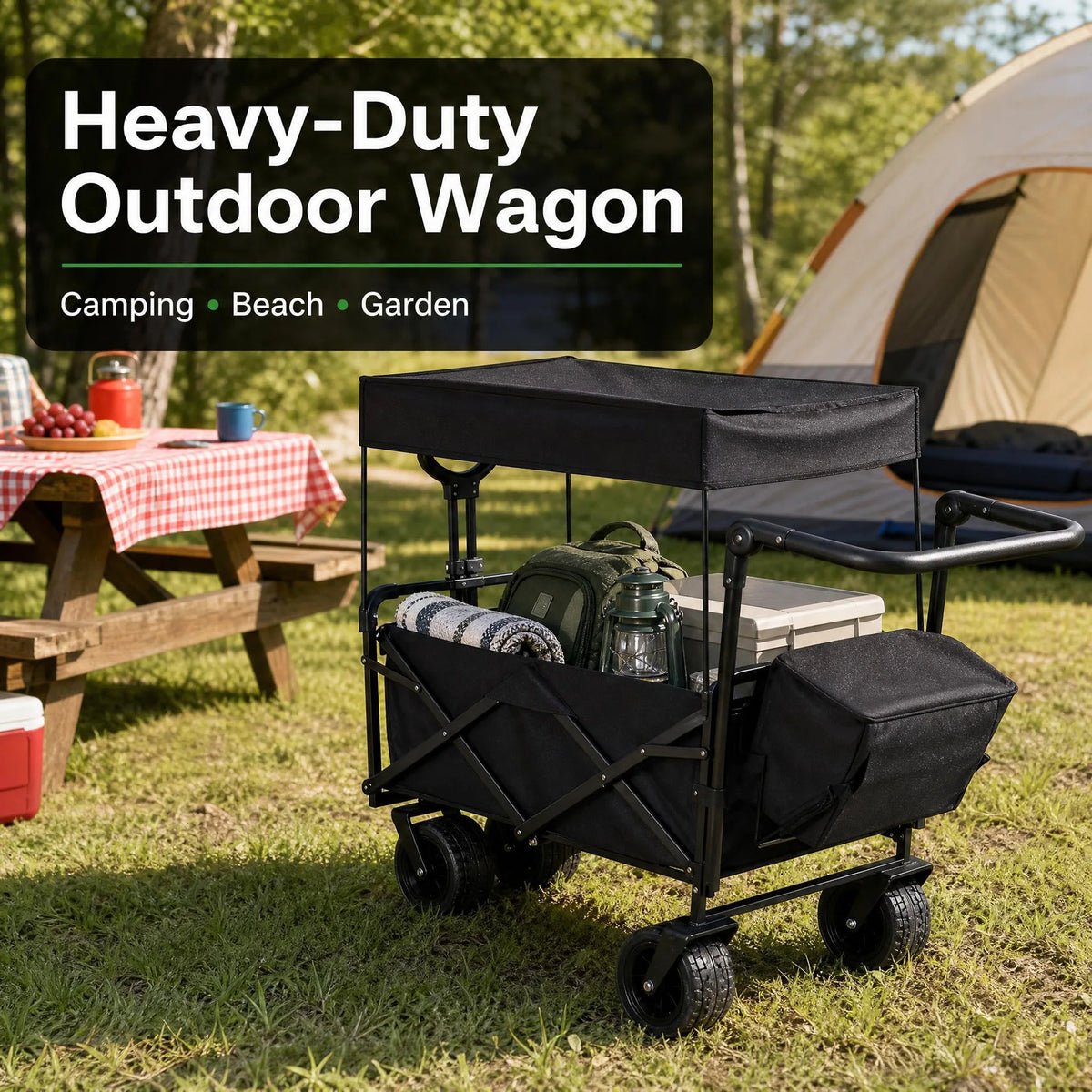 220LB Folding Utility Wagon Cart With Removable Canopy Tailgates Storage Pocket Push Pull Outdoor Beach Camping Garden Grocery Hauler