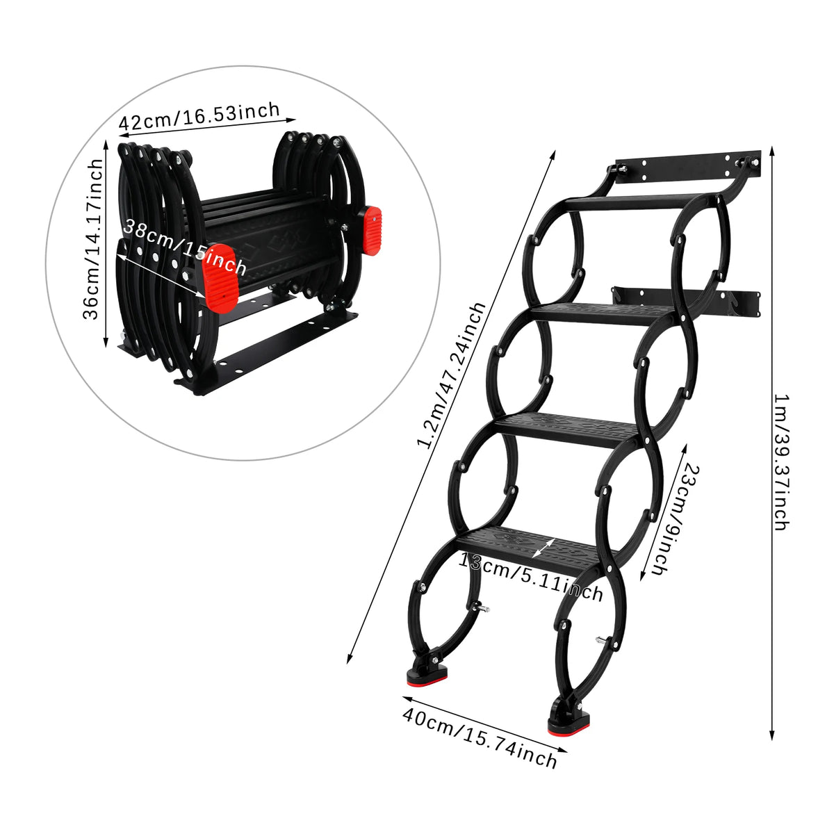 Wall Mounted Attic Ladder, Foldable Wall-Mounted Step Ladder, 4-Step Black Retractable Folding Stair 440lbs Load for Home Loft Garage