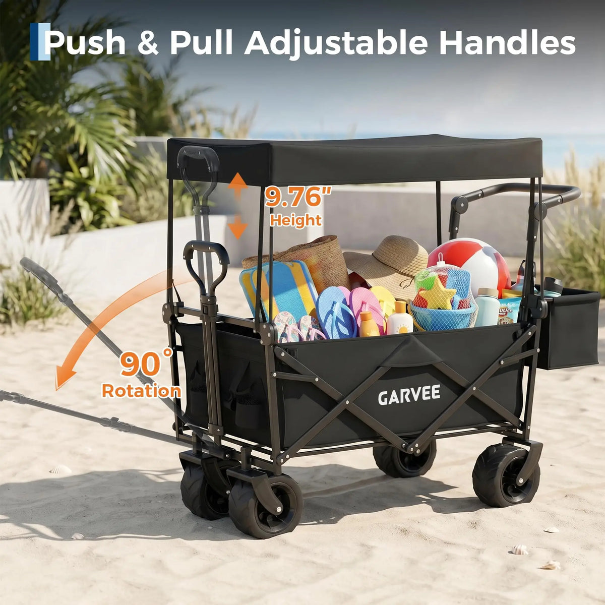 220LB Folding Utility Wagon Cart With Removable Canopy Tailgates Storage Pocket Push Pull Outdoor Beach Camping Garden Grocery Hauler