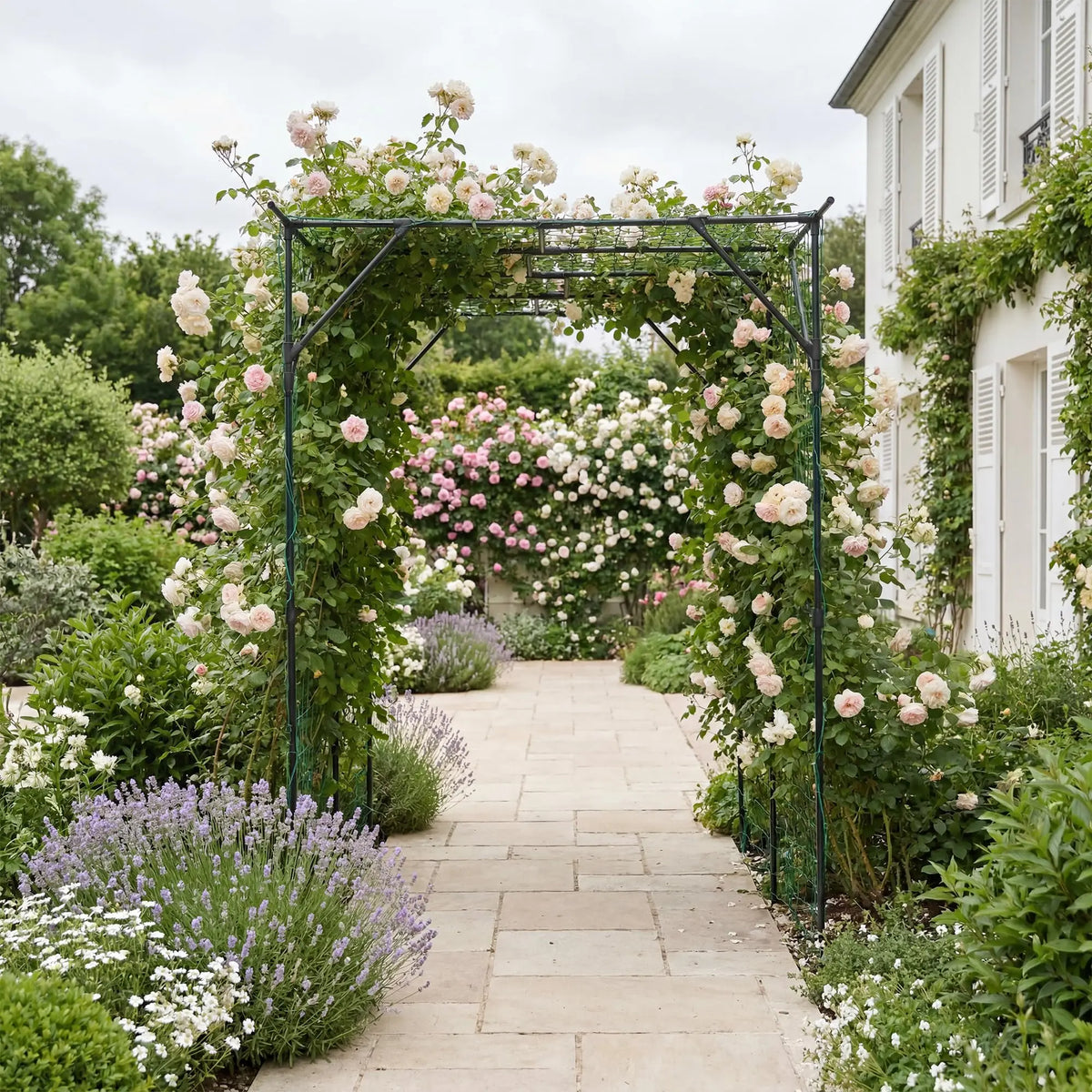 78in Metal Garden Arch Trellis With Netting For Climbing Plants, Outdoor Cucumber Tunnel Arbor For Raised Bed Backyard Walkway