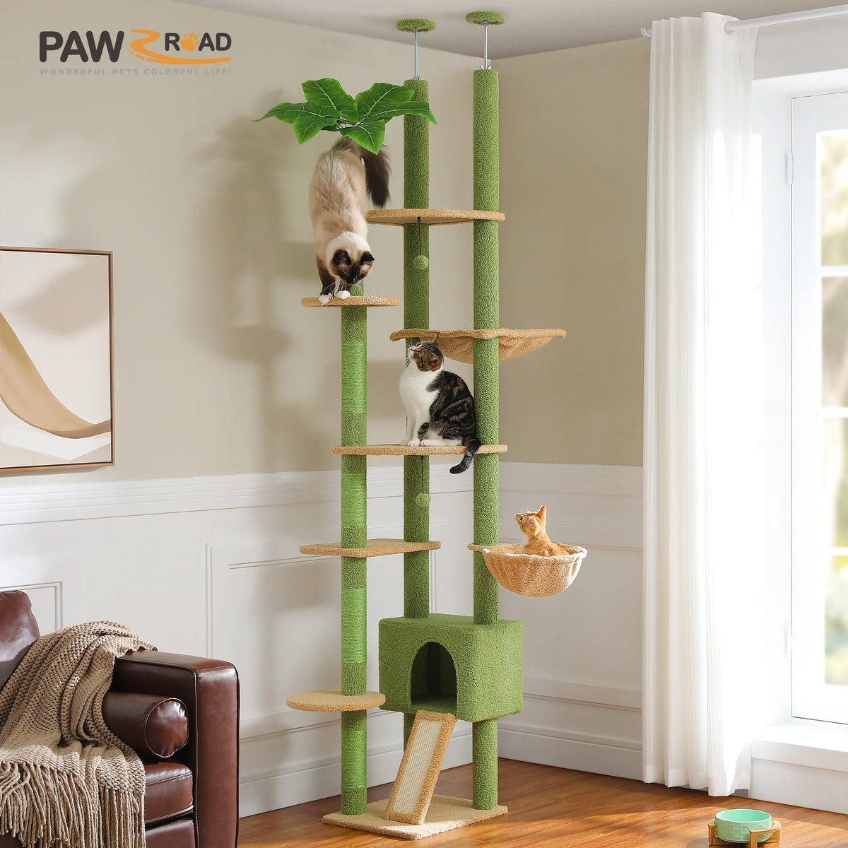 Floor to Ceiling Cat Tree with Sisal Scratching Posts Cozy Condo Hammock Adjustable Height Tall Cat Tower for Indoor Cat Toys