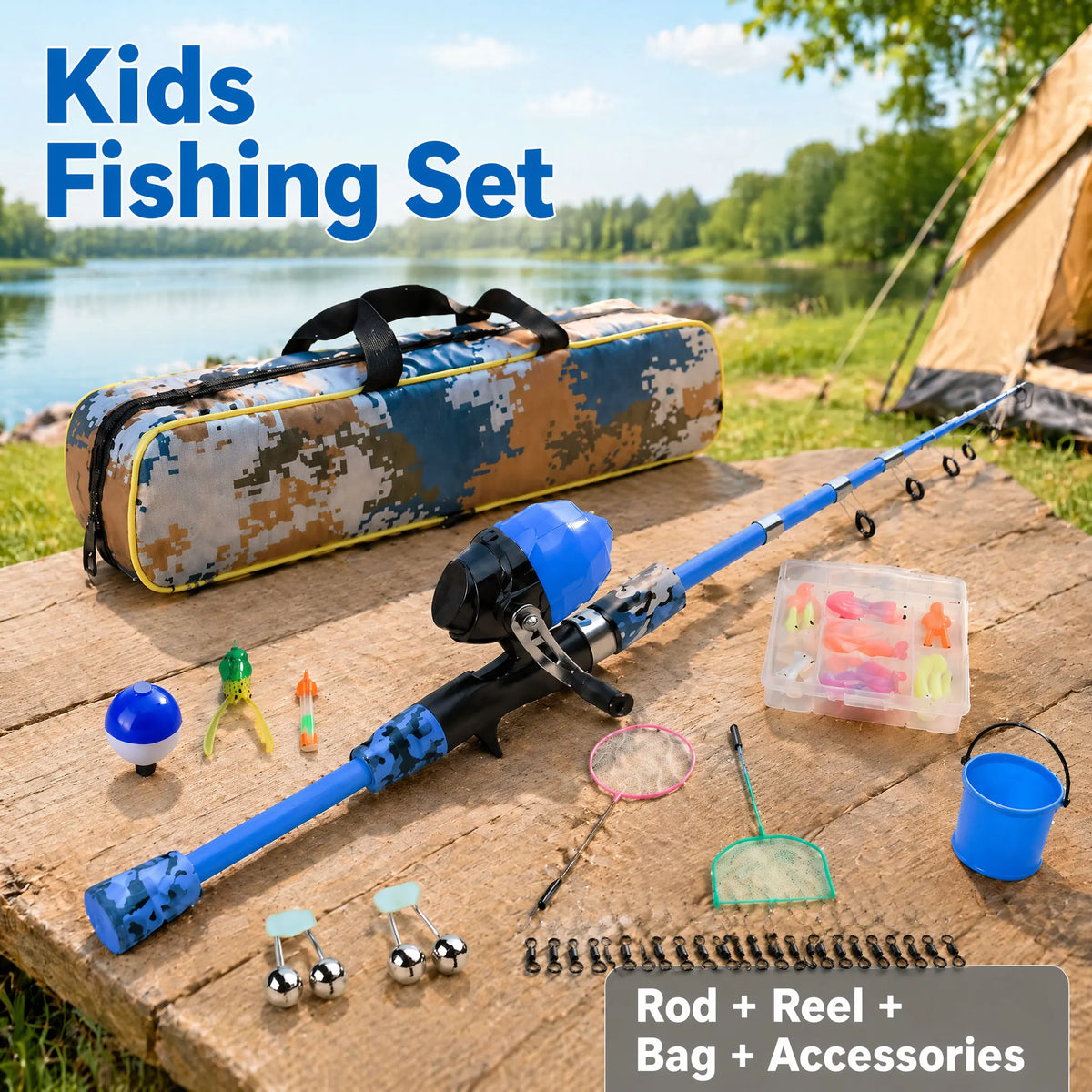 youth Fishing Pole Set with Full Starter Kit - Portable Telescopic Fishing Rod & Reel with Spinning Mechanism,All Necessary Accessories (Hooks, Sinkers, Swivels,) Ideal for Lakes, Ponds, Beach